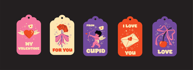 Saint Valentine's Day vector gift tags, cards, sticker elements set. Collection of cute groovy funky cartoon. Romantic 14 February design concept