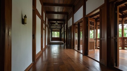 Long wooden hallway with doors opening to a balcony.