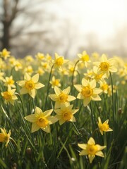Obraz premium Bright yellow daffodils blooming in a spring meadow, spring, bloom