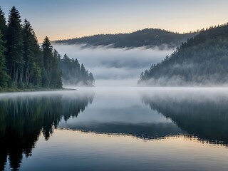 Fototapeta premium serene lake at dawn with mist hovering over the water
