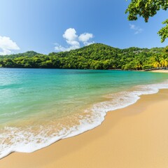 Obraz premium Serene Tropical Beach Scene with Lush Green Hills