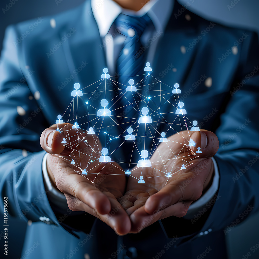 Poster connecting the dots: a businessman's open palms cradles a glowing network of interconnected people, 
