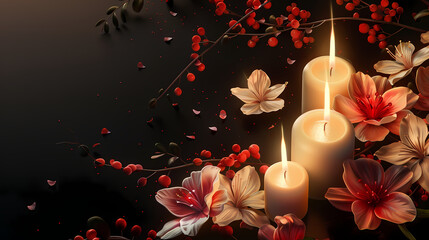 Candles and Flowers: Three softly glowing candles surrounded by delicate flowers create a serene and comforting ambiance, perfect for remembrance, sympathy, or meditation.
