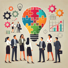 Business Discussion Concept with Puzzle Light Bulb - Minimalist Flat Illustration