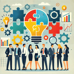 Business Discussion Concept with Puzzle Light Bulb - Minimalist Flat Illustration
