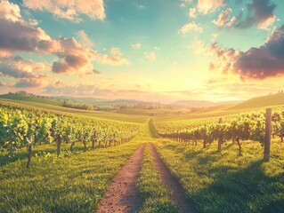 Serene vineyard landscape at sunset with a winding path through the fields.