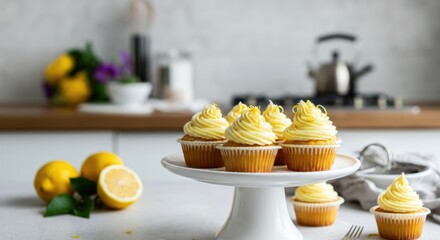 Frosted lemon cupcakes on cake stand in modern kitchen setting
