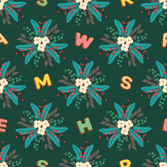 Seamless Christmas pattern. Holiday background with Christmas elements. Cartoon texture for fabric, wallpaper, wrapping paper.