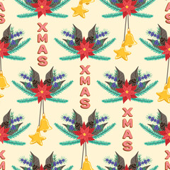 Seamless Christmas pattern. Holiday background with Christmas elements. Cartoon texture for fabric, wallpaper, wrapping paper.