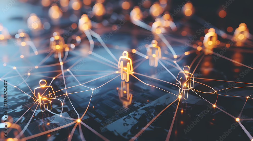 Poster interconnected network of people: an abstract illustration depicting a network of glowing figures co