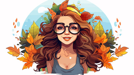 Cheerful young trendy hippie girl posing with colorful leaves in nature