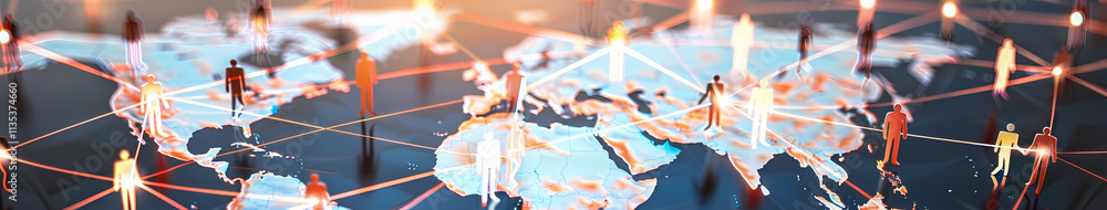 Poster global network: a world map is artistically interwoven with a network of glowing lines, symbolizing 