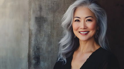 Fototapeta premium Beautiful older Asian woman smiling against a wall