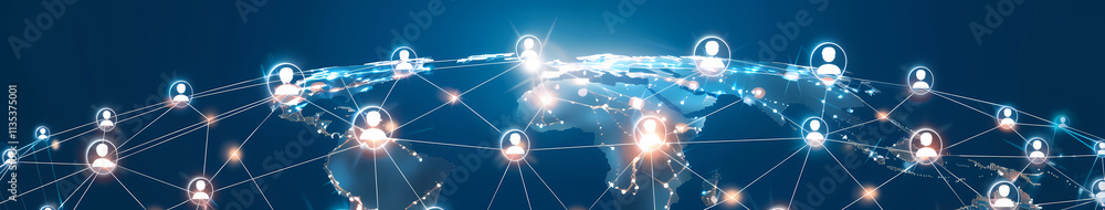 Poster global network connection: a vibrant, abstract illustration depicting a network of interconnected no