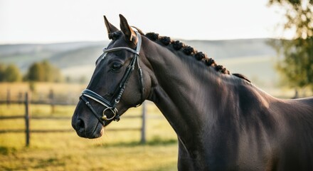 Sleek, dark horse with braided mane stands in sunny, countryside pasture