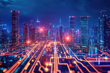 Fototapeta premium Dynamic futuristic city bathed in vibrant neon lights, where advanced technology and innovative urban design come together. Glowing structures create high-tech ambiance, for modern sci-fi concepts