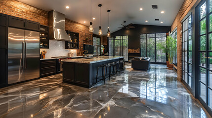 Modern kitchen with epoxy resin and marble floor coverings