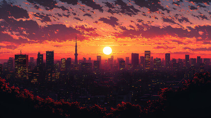 Fototapeta premium Cityscape Sunset Dramatic Skyline Burning Orange Hues