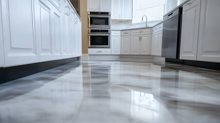 Modern kitchen with epoxy resin and marble floor coverings