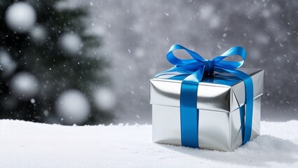 Snowy backdrop with a single, elegantly wrapped gift box in silver and blue.