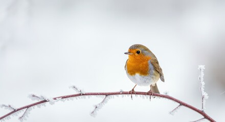 Fototapeta premium Small orange-breasted bird perched on frost-covered branch in wintery setting