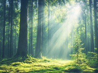 Obraz premium Sunlight filters through trees in a serene forest setting.