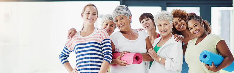 Portrait, happy and women with yoga in class of fitness, community support and collaboration of balance. Banner, diversity and embrace of pilates coaching, mental health peace and wellness membership