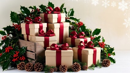 Beautifully wrapped Christmas gift boxes stacked high, adorned with pinecones and holly leaves for a festive touch.