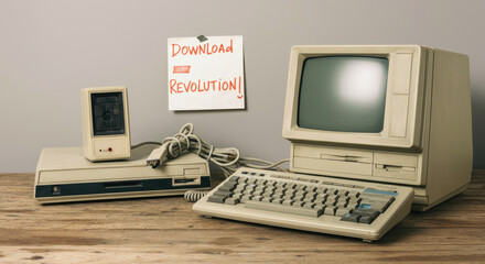 Vintage desktop computer with monitor, keyboard, and external accessories on wooden desk, note reading "Download Revolution"
