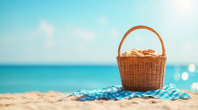 Sunny Beach Picnic Basket with Ocean View and Blue Gingham Blanket
