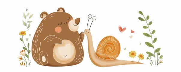 Smiling Fluffy Bear and Kiss from a Happy Snail, minimalist style stickers, simple drawings, white background.