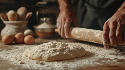 Fototapeta premium Hands kneading dough and rolling it out in a rustic kitchen setting with fresh ingredients