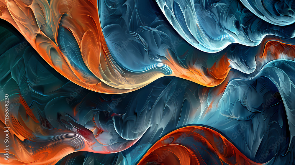 Poster abstract liquid flow: a captivating digital artwork features vibrant hues of blue and orange in swir