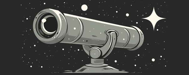 Curious Telescope. A gray telescope with a wide eye peering out, looking at twinkling stars, simple vector sticker pack.