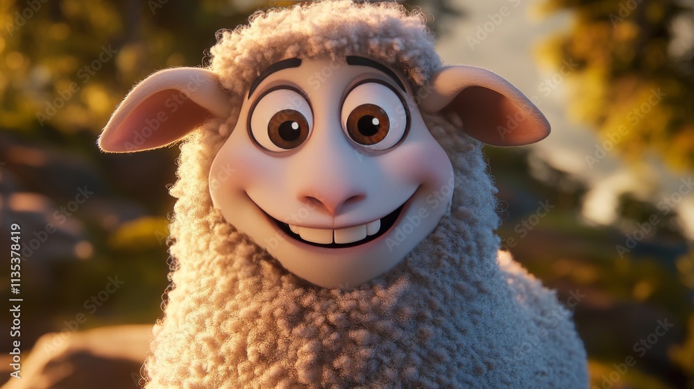 Poster a charming 3d render of a fluffy sheep with a cheerful smile and bright eyes, set against a warm and