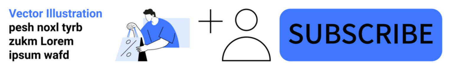 Man analyzing charts, person icon, blue SUBSCRIBE button. Ideal for online engagement, subscriptions, analytics, marketing strategies, call-to-action content creation digital marketing. Landing
