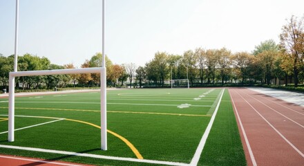 Empty football field with goalposts and running track in park