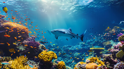 Fototapeta premium Ocean Realm: Majestic Shark in Vibrant Coral Reef: A grey reef shark gracefully glides through a vibrant coral reef teeming with colorful fish, bathed in sunlit water.