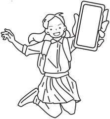 スマホを持ってジャンプする女の子、青年、中学生、高校生