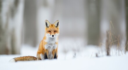 Red fox sitting in snowy winter landscape, surrounded by bare trees and tall grass