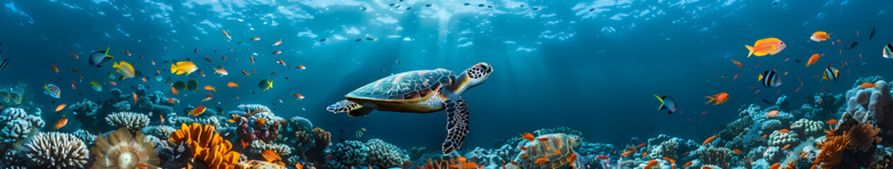 Obraz premium Sea Turtle in Coral Reef: A majestic sea turtle gracefully glides through a vibrant coral reef, surrounded by a kaleidoscope of colorful fish and marine life.