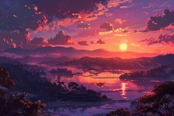 Naklejka premium Artistic illustration of Japan at dusk