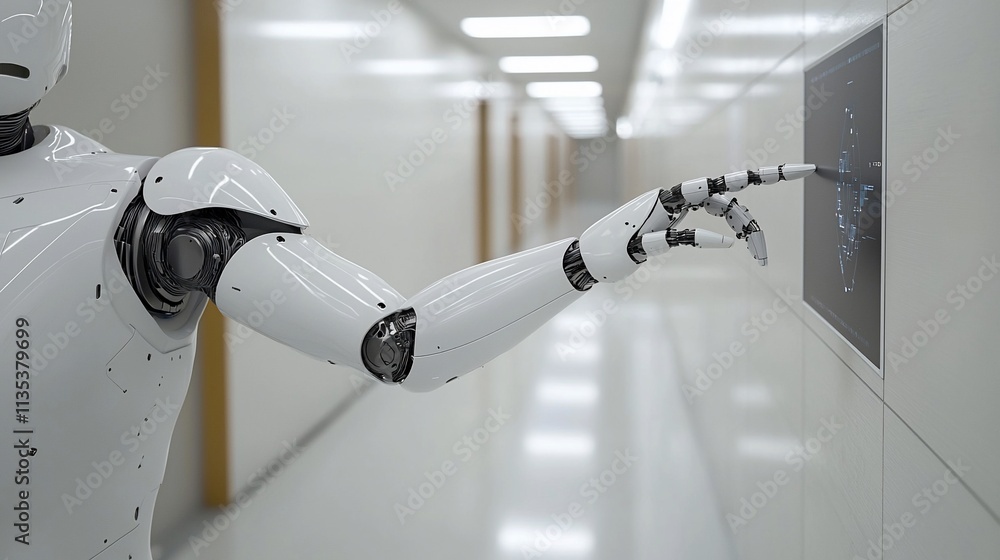 Poster robot hand interacting with a digital screen in a futuristic corridor.