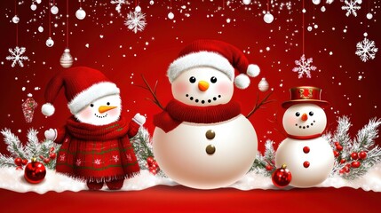 Three adorable snowmen dressed in Christmas attire with red hats and scarves stand in a festive snowy setting, surrounded by ornaments and decorations.