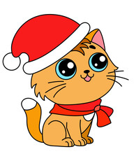 Cute Kitty dressed in a scarf and Santa hat - vector full-color picture. Big-eyed Kitten celebrates Christmas.
