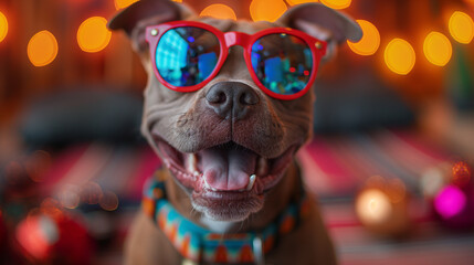 Happy dog smiling with glasses in a festive and colorful holiday scene with celebration lights