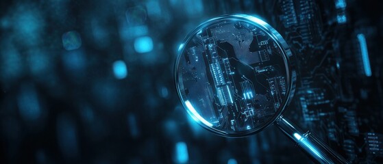 Obraz premium Magnifying glass over circuit board, cybersecurity concept.