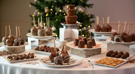 Naklejka premium Chocolate fondue table with fruits, pastries, and confections Christmas tree in background