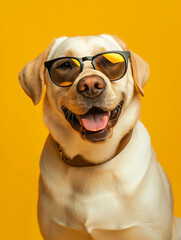 Portrait of a happy Labrador dog wearing sunglasses on a yellow background, looking cheerful and trendy.