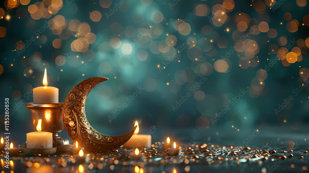Poster mystical moonlit glow: a crescent moon glows softly against a dreamy teal backdrop adorned with glit